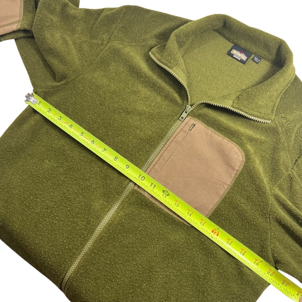 Kavu Green/Tan Men's Terry Fleece Jacket Zip Pocket Elbow Patches - Picture 8 of 10